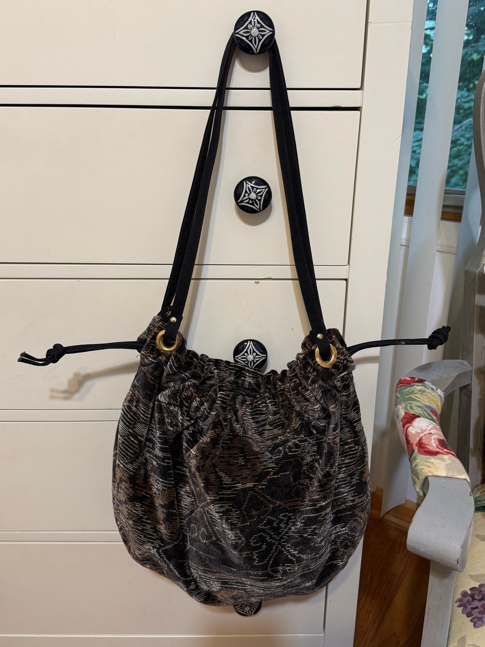 Cara Black and Brown Drawstring Shoulder Bag